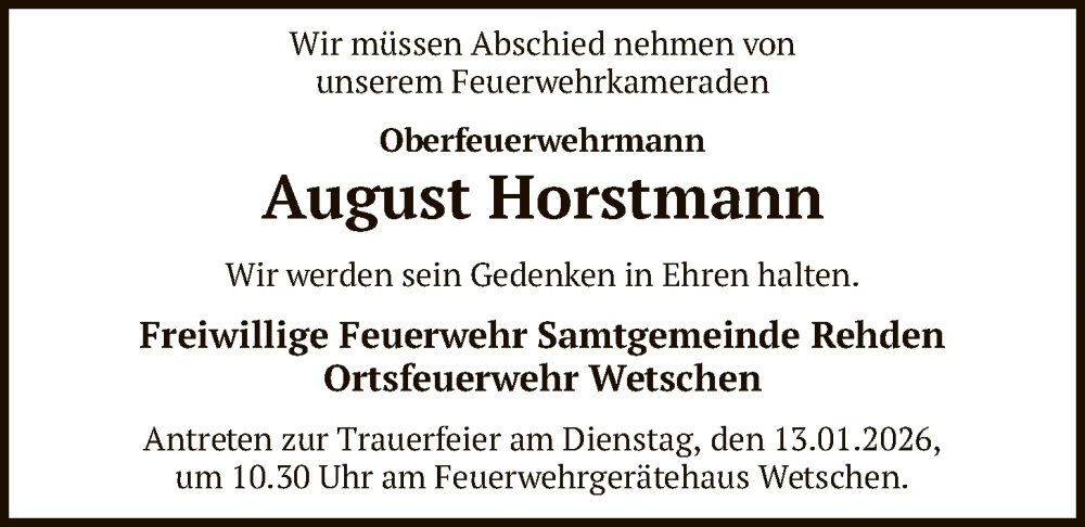  Traueranzeige für August Horstmann vom 10.01.2026 aus SYKS