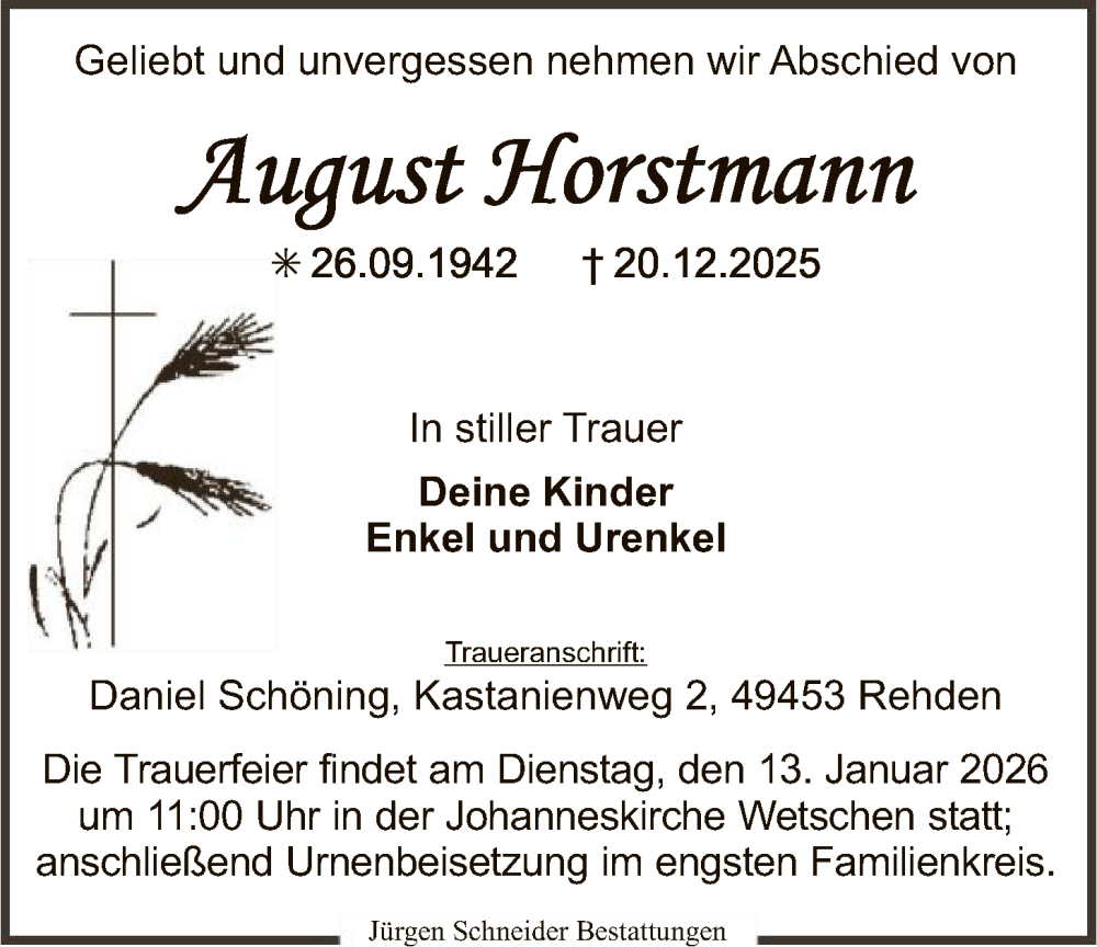  Traueranzeige für August Horstmann vom 10.01.2026 aus SYKS