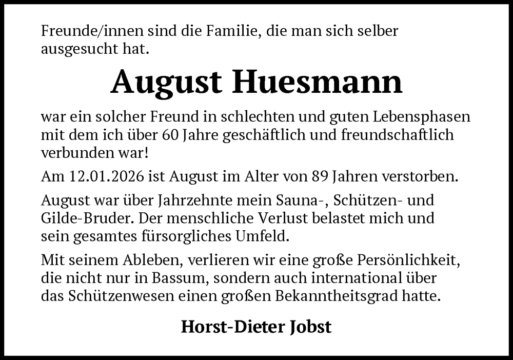  Traueranzeige für August Huesmann vom 24.01.2026 aus SYKS