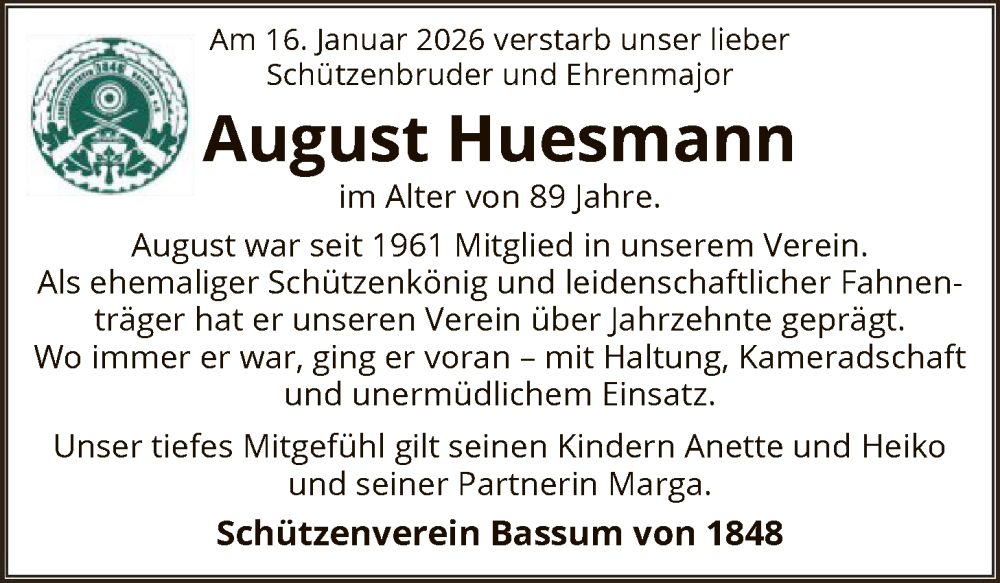  Traueranzeige für August Huesmann vom 24.01.2026 aus SYKS
