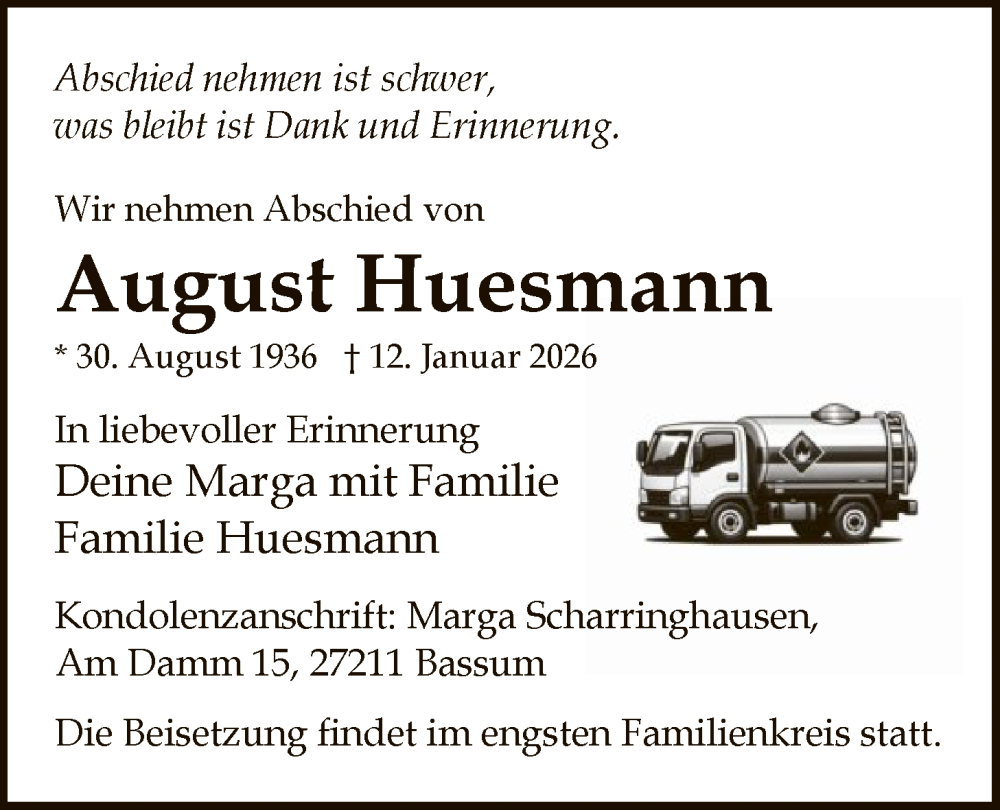  Traueranzeige für August Huesmann vom 24.01.2026 aus SYKS