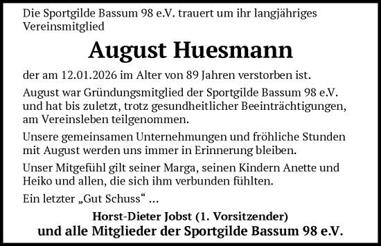 Traueranzeige von August Huesmann von SYKS