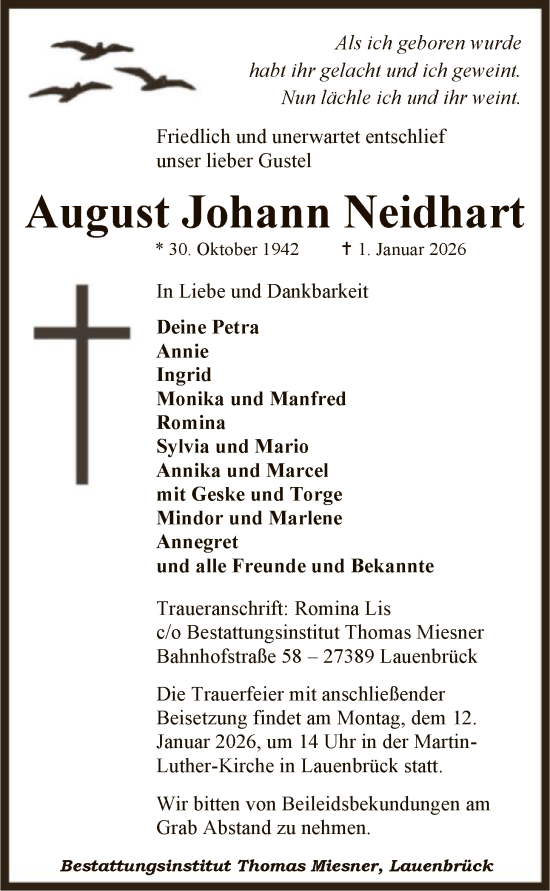 Traueranzeige von August Johann Neidhart von SYKR