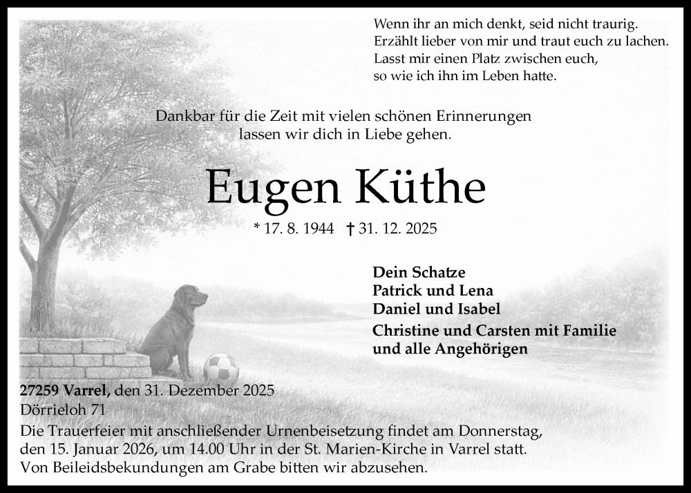  Traueranzeige für Eugen Küthe vom 09.01.2026 aus Mediengruppe Kreiszeitung