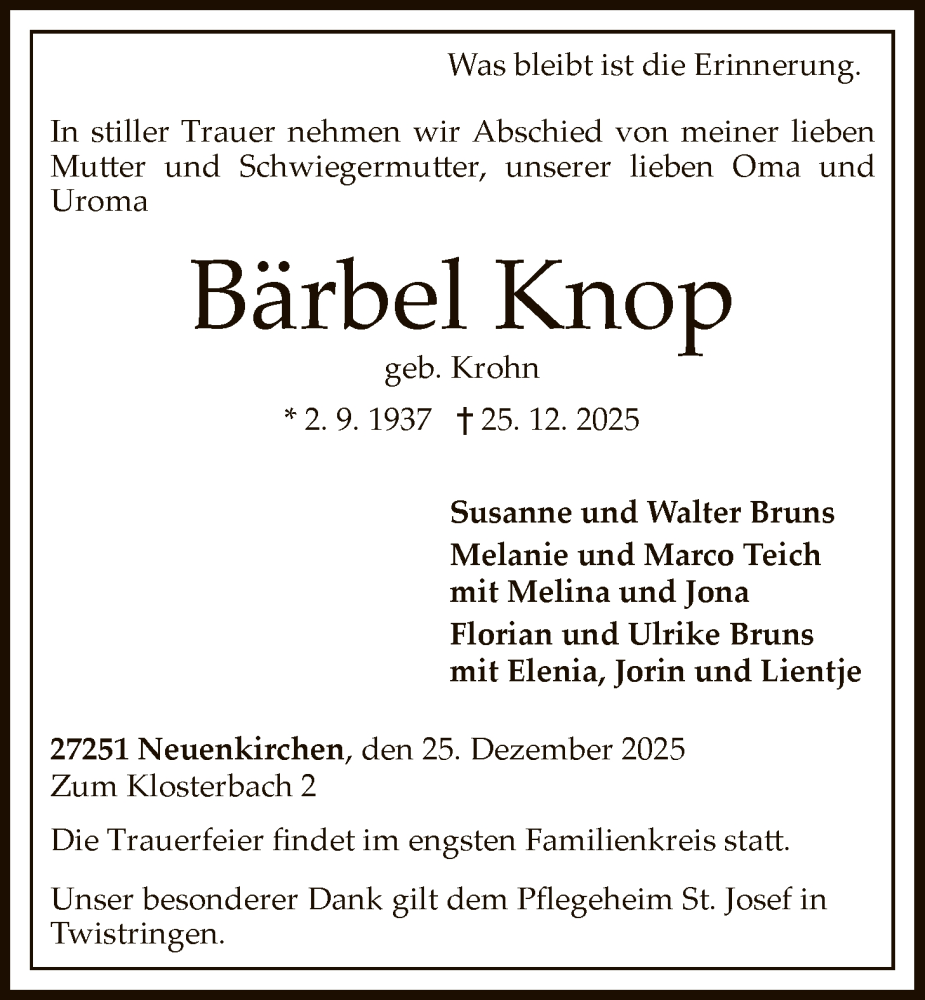  Traueranzeige für Bärbel Knop vom 03.01.2026 aus SYKSSYKS