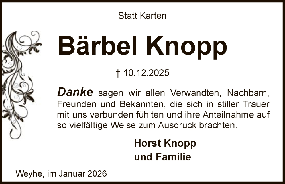  Traueranzeige für Bärbel Knopp vom 07.01.2026 aus SYKS