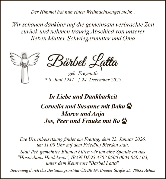 Traueranzeige von Bärbel Latta von SYKS