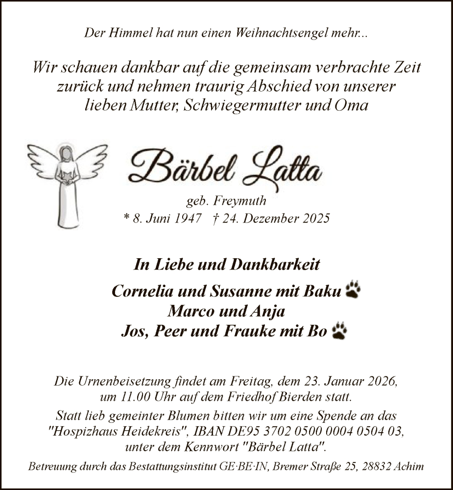  Traueranzeige für Bärbel Latta vom 10.01.2026 aus SYKS