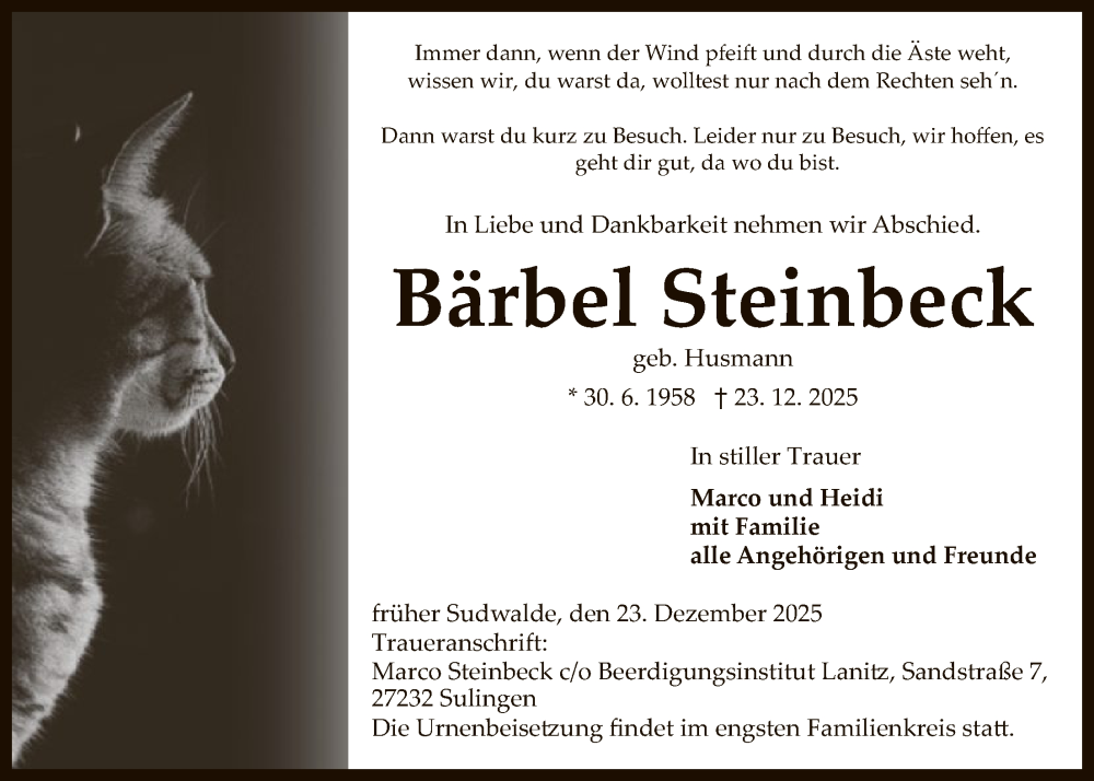  Traueranzeige für Bärbel Steinbeck vom 10.01.2026 aus SYKS