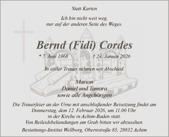 Traueranzeige von Bernd Cordes von SYKS