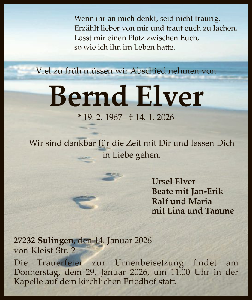 Traueranzeige für Bernd Elver vom 24.01.2026 aus SYKS