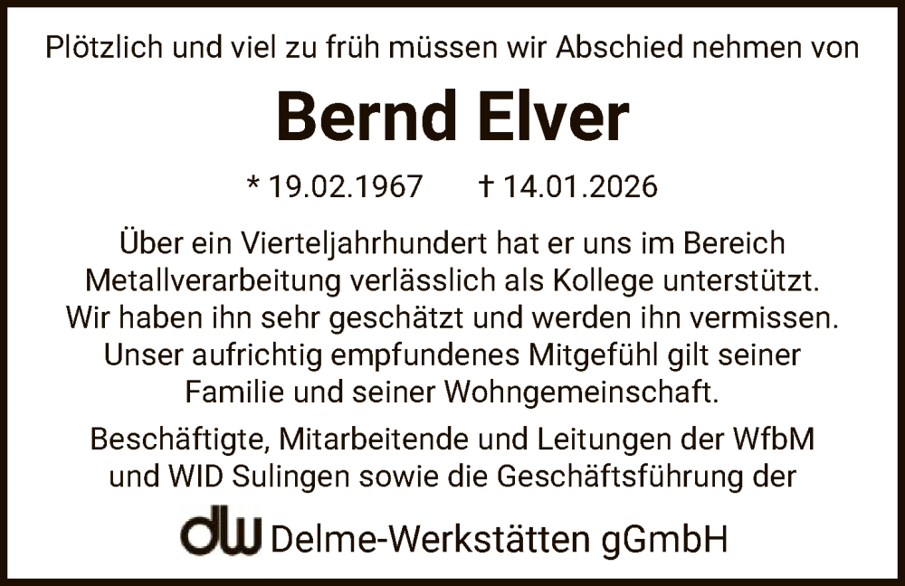  Traueranzeige für Bernd Elver vom 24.01.2026 aus SYKS