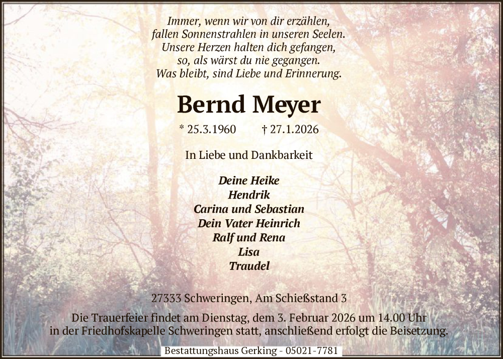  Traueranzeige für Bernd Meyer vom 31.01.2026 aus SYKS