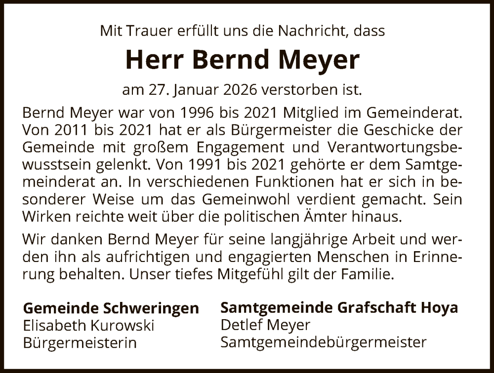  Traueranzeige für Bernd Meyer vom 31.01.2026 aus SYKS