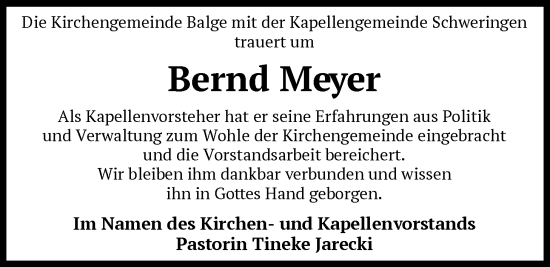 Traueranzeige von Bernd Meyer von SYKS