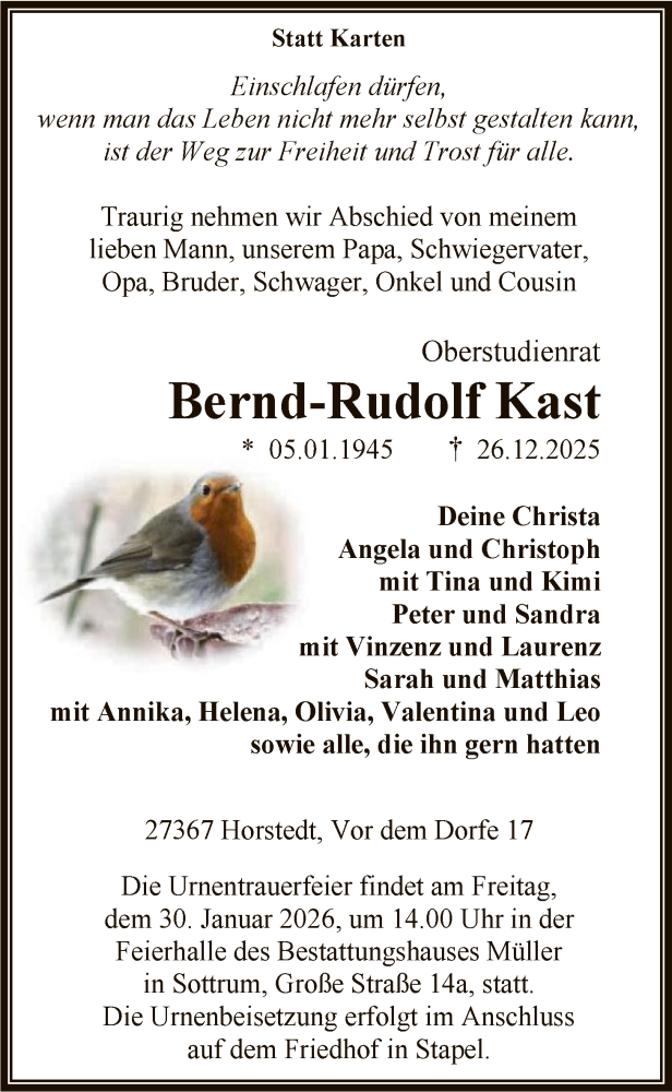  Traueranzeige für Bernd-Rudolf Kast vom 10.01.2026 aus SYKR