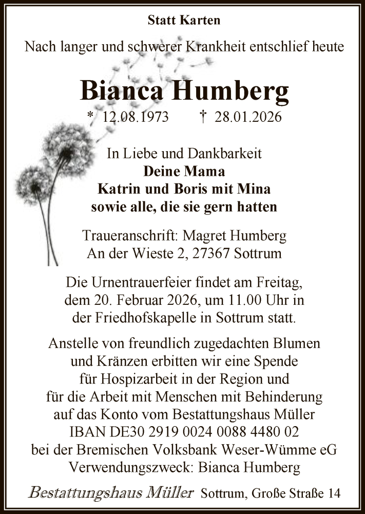  Traueranzeige für Bianca Humberg vom 31.01.2026 aus SYKR
