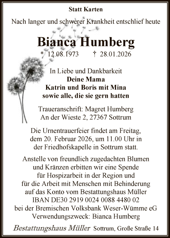 Traueranzeige von Bianca Humberg von SYKR