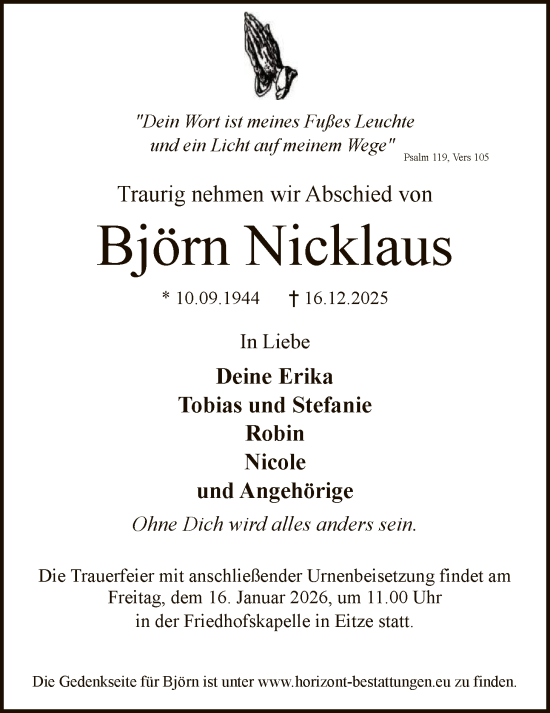 Traueranzeige von Björn Nicklaus von SYKS