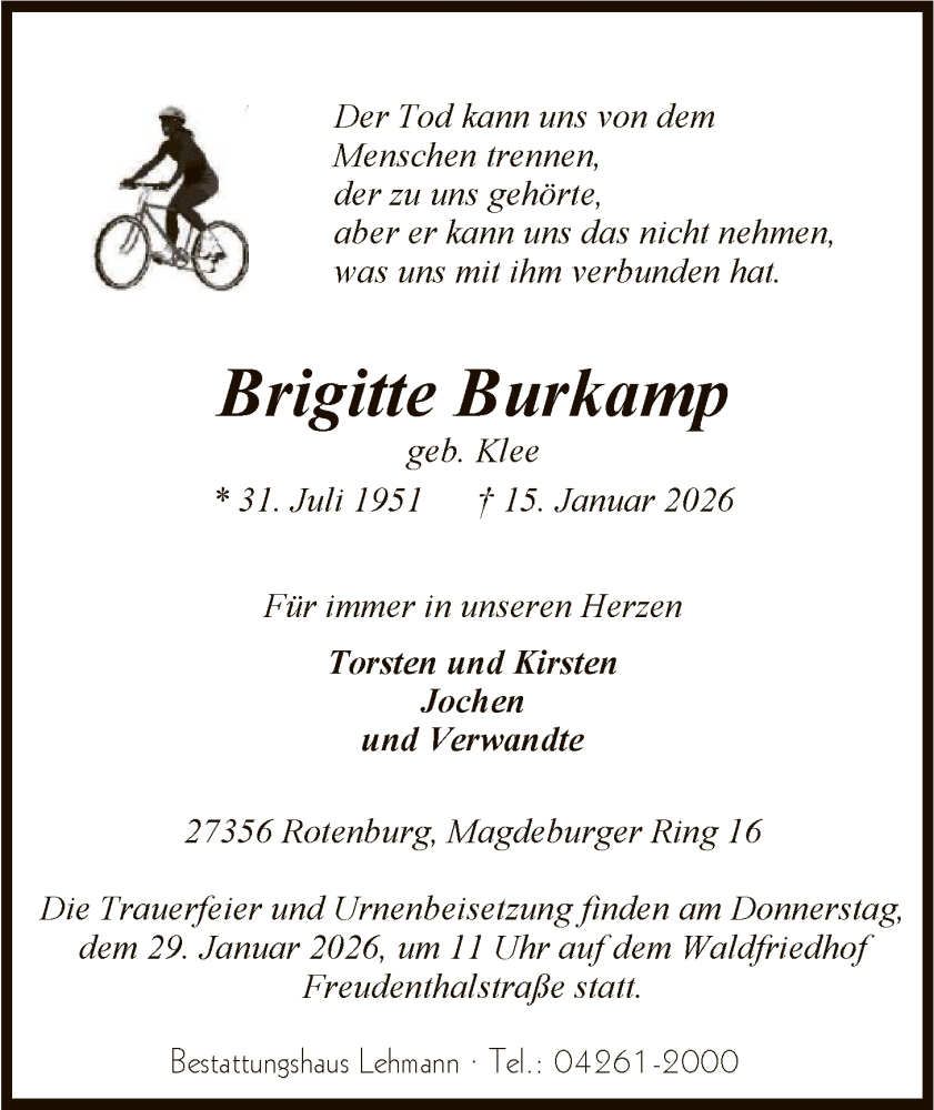  Traueranzeige für Brigitte Burkamp vom 24.01.2026 aus SYKR