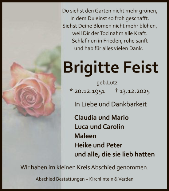 Traueranzeige von Brigitte Feist von SYKS