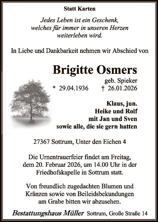 Traueranzeige von Brigitte Osmers von SYKR