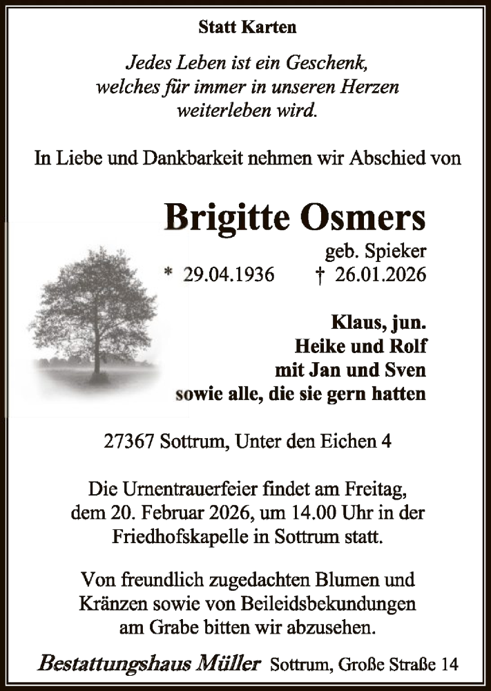  Traueranzeige für Brigitte Osmers vom 31.01.2026 aus SYKR