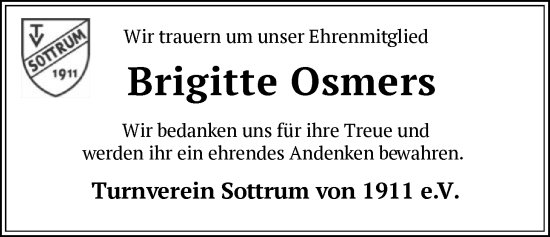 Traueranzeige von Brigitte Osmers von SYKR