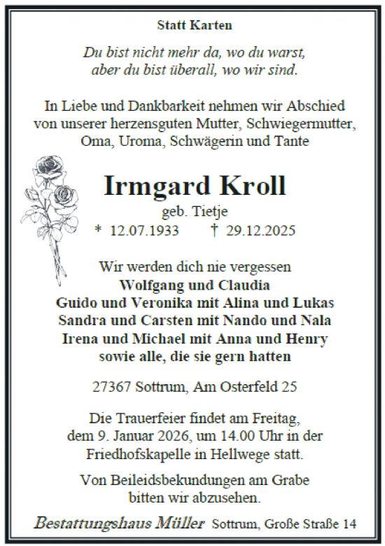 Traueranzeige von Irmgard Kroll von SYKR