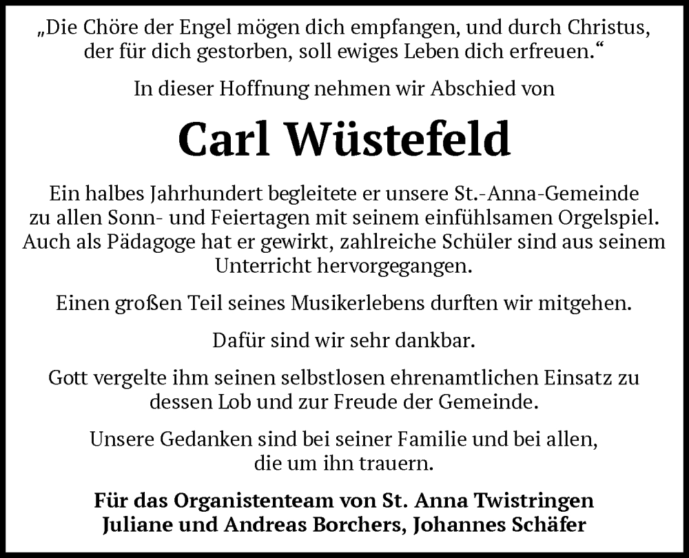  Traueranzeige für Carl Wüstefeld vom 03.01.2026 aus SYKS