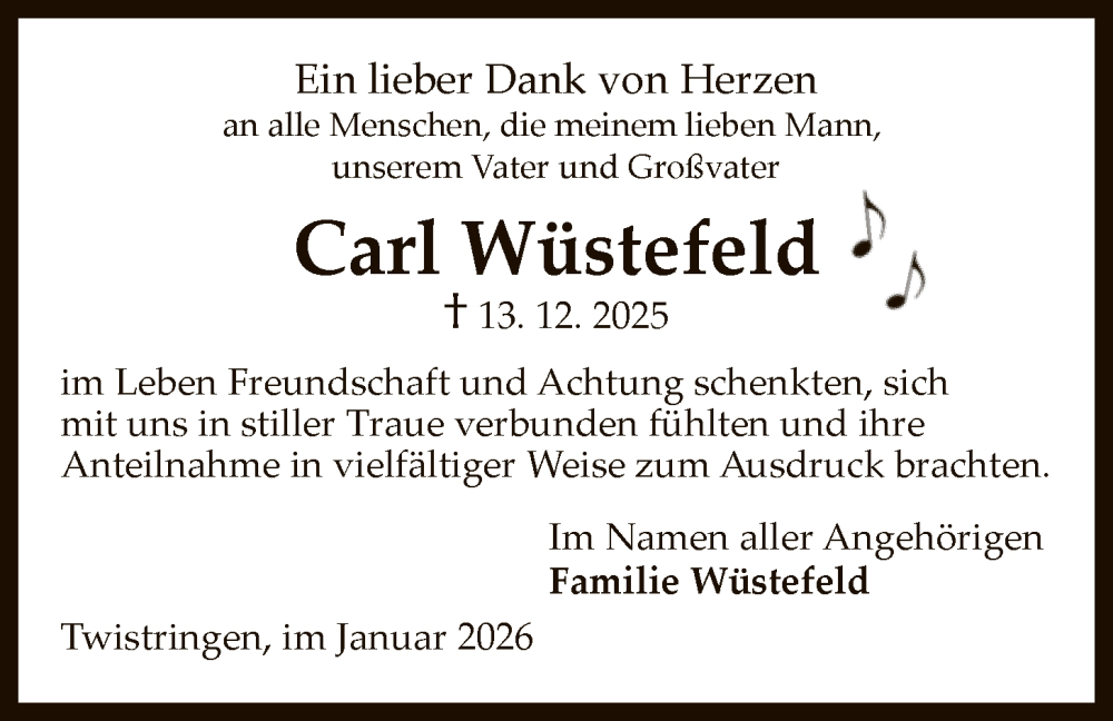  Traueranzeige für Carl Wüstefeld vom 10.01.2026 aus SYKS