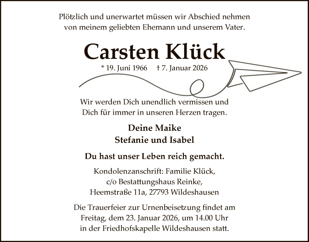  Traueranzeige für Carsten Klück vom 17.01.2026 aus SYWZ