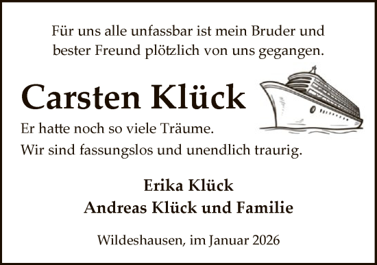 Traueranzeige von Carsten Klück von SYWZSYWZ