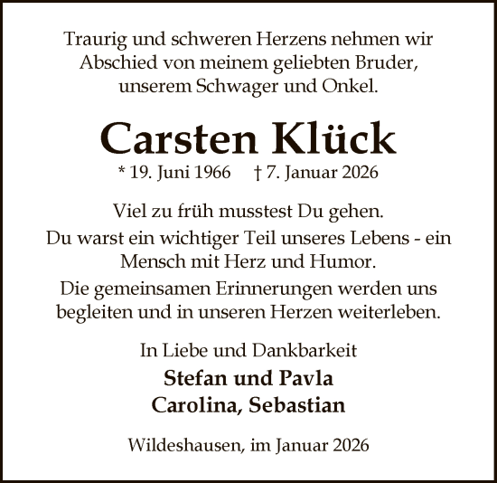 Traueranzeige von Carsten Klück von SYWZ