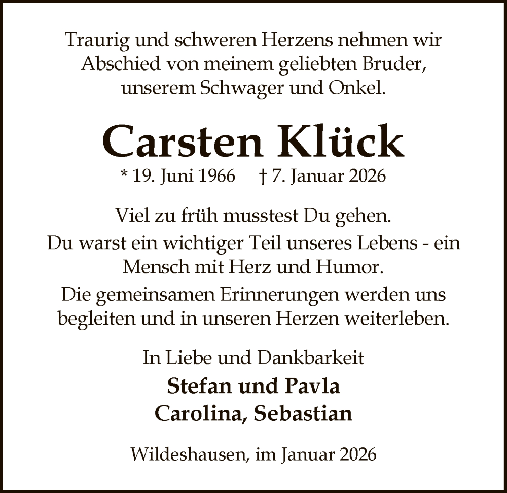  Traueranzeige für Carsten Klück vom 17.01.2026 aus SYWZ
