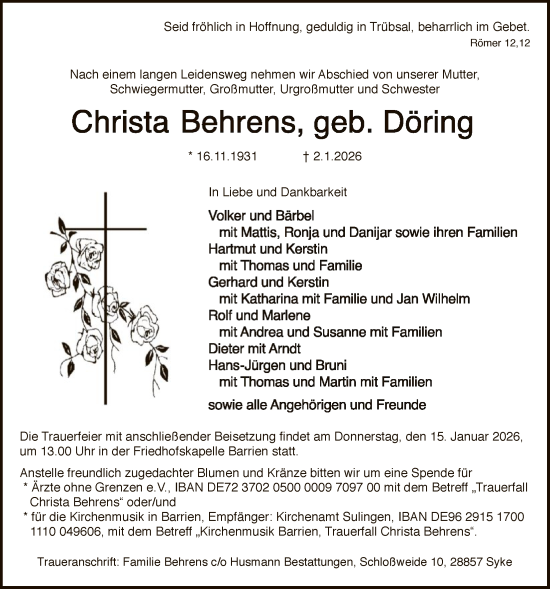 Traueranzeige von Christa Behrens von SYKS