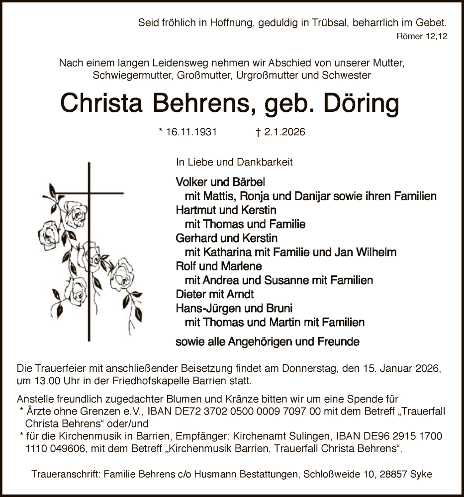  Traueranzeige für Christa Behrens vom 10.01.2026 aus SYKS