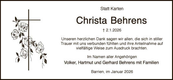 Traueranzeige von Christa Behrens von SYKS