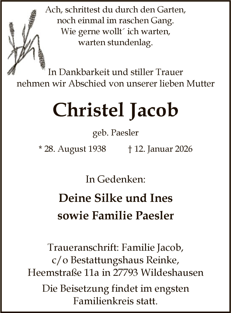  Traueranzeige für Christel Jacob vom 31.01.2026 aus SYWZ