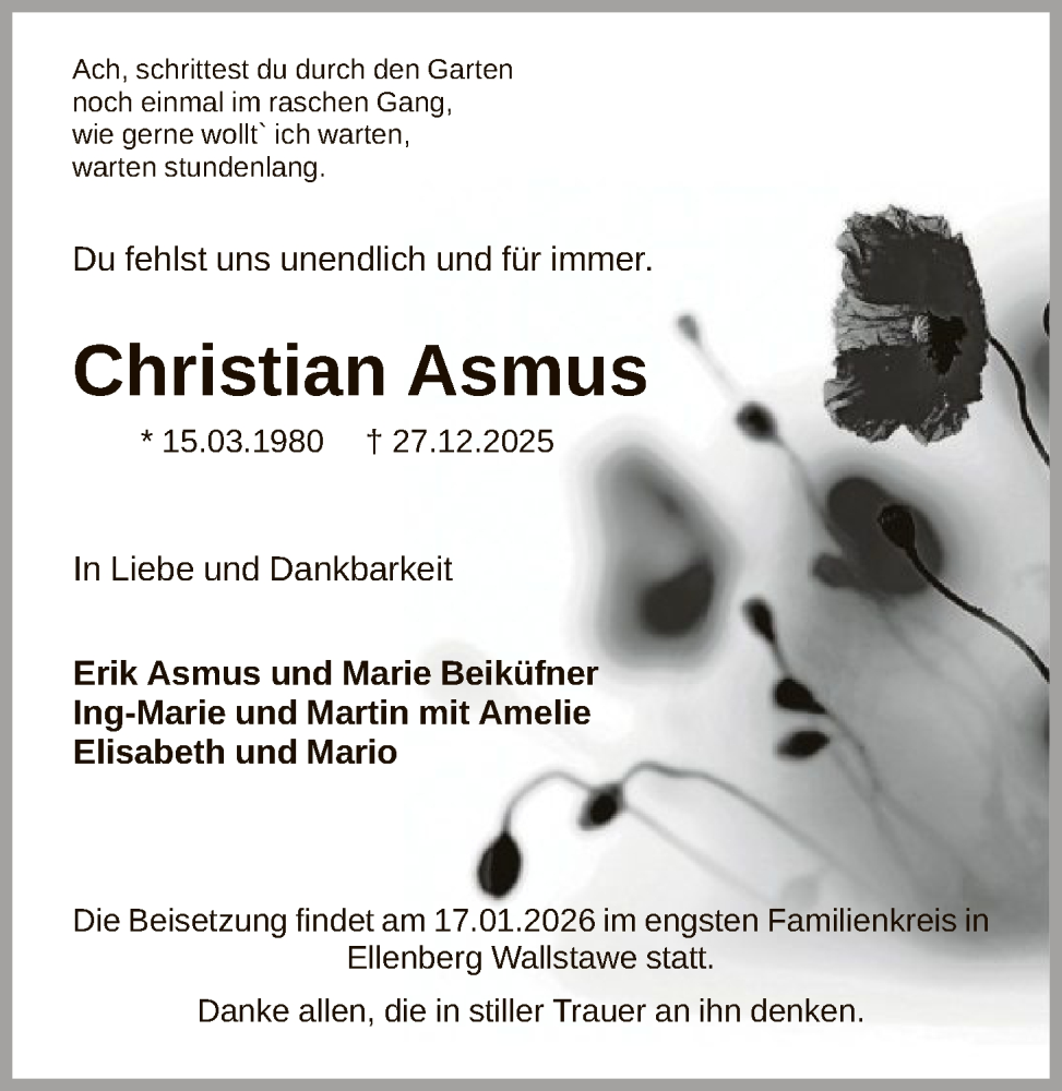  Traueranzeige für Christian Asmus vom 14.01.2026 aus SYKSSYKS