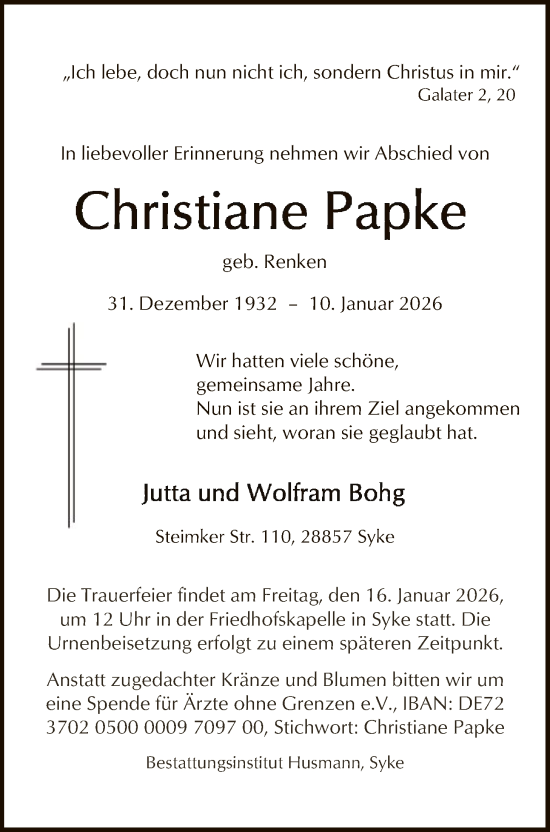 Traueranzeige von Christiane Papke von SYKS