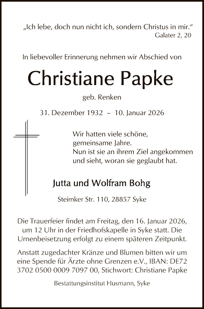  Traueranzeige für Christiane Papke vom 14.01.2026 aus SYKS
