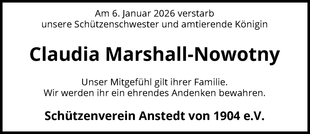  Traueranzeige für Claudia Marshall-Nowotny vom 16.01.2026 aus SYKSSYKS