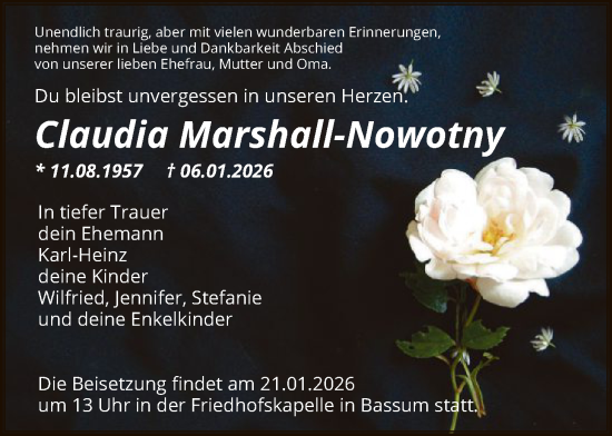 Traueranzeige von Claudia Marshall-Nowotny von SYKS