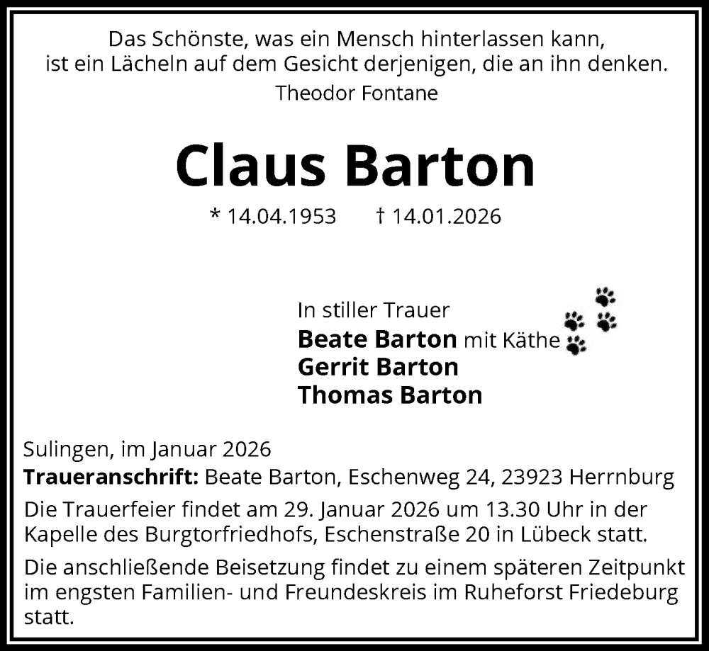  Traueranzeige für Claus Barton vom 24.01.2026 aus SYKS