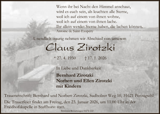 Traueranzeige von Claus Zirotzki von SYKS