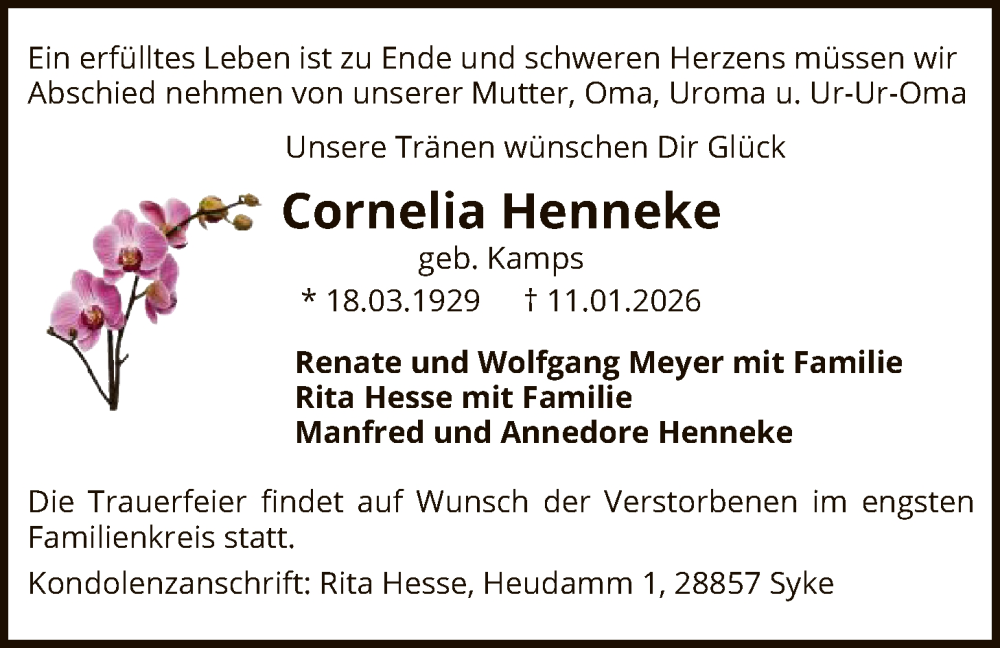  Traueranzeige für Cornelia Henneke vom 24.01.2026 aus SYKS