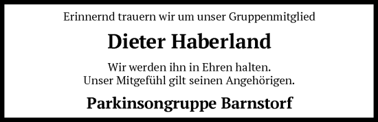 Traueranzeige von Dieter Haberland von SYKS