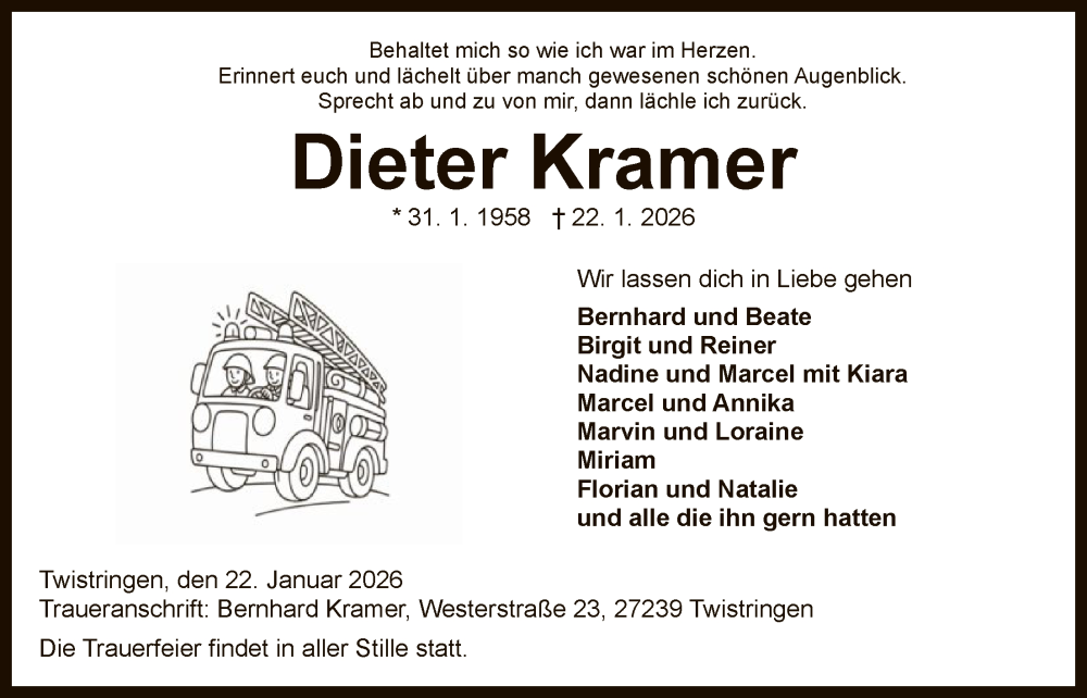  Traueranzeige für Dieter Kramer vom 30.01.2026 aus SYKS