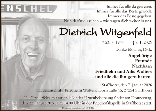 Traueranzeige von Dietrich Witgenfeld von SYKS